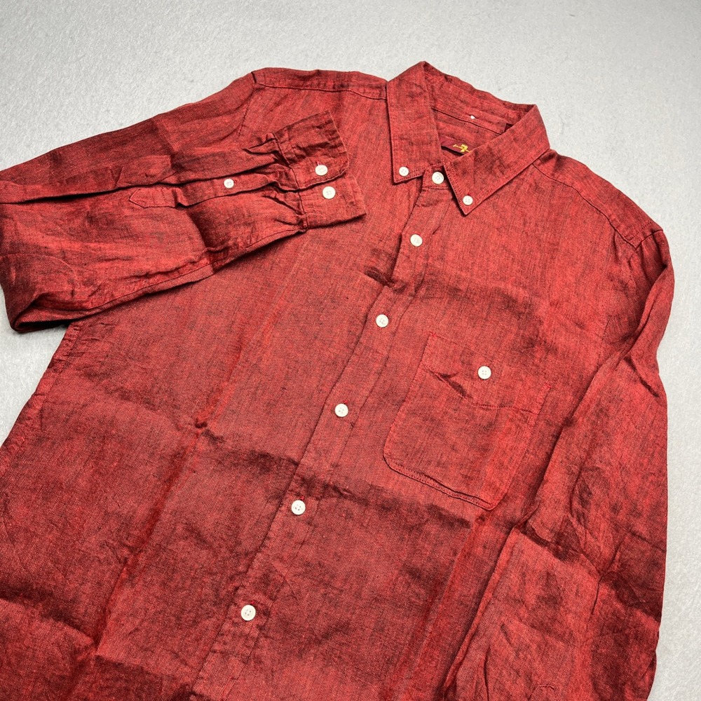 7 For All Mankind Linen Blend Button Down Shirt Red Burgundy Small Mens